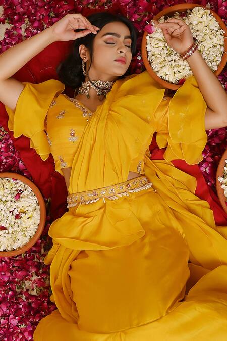 Label Nitisha_Yellow Organza, Silk Pearls, Sequins, Gota Pre-draped Ruffle Saree And Blouse Set _at_Aza_Fashions