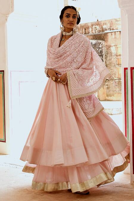 Karaj Jaipur_Pink Chanderi, Cotton, Georgette Embroidery Round Anarkali Set With Dupatta _at_Aza_Fashions