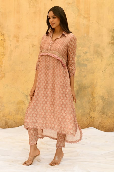 Label Niti Bothra_Pink Silk, Brocade Fringe Collared Chandrakala Pattern Kurta And Pant Set _at_Aza_Fashions