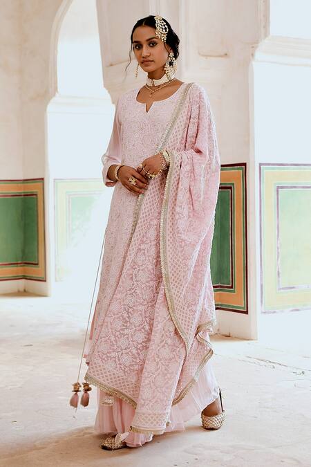 Buy Karaj Jaipur Pink Georgette Embroidery Keyhole Neck Kurta Skirt Set Online at Aza Fashions Buy_Karaj Jaipur_Pink Georgette Embroidery Keyhole Neck Kurta Skirt Set _Online_at_Aza_Fashions