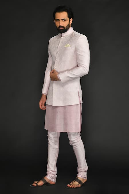 Sammohan Ceremonial_Pink Viscose, Cotton Sequins, Embroidery Geometric Bandhgala Set_Online_at_Aza_Fashions