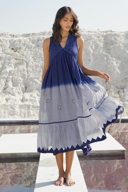 The Loom Art_Blue Chanderi Silk Embroidery Collared Ombre Tiered Dress _Online_at_Aza_Fashions