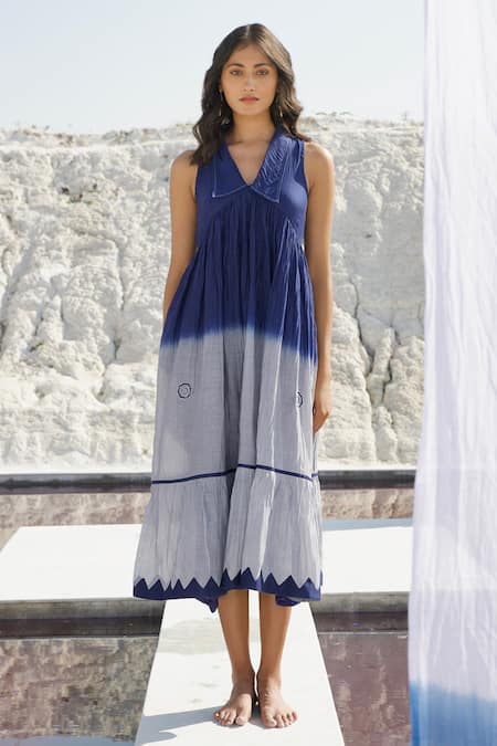 Buy_The Loom Art_Blue Chanderi Silk Embroidery Collared Ombre Tiered Dress _Online_at_Aza_Fashions