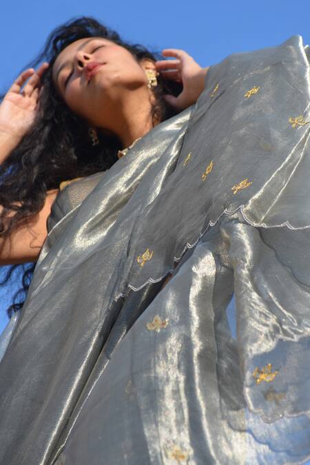 Studio Malang_Silver Tissue Silk Hand Embroidered Thread And Zari Metallic Gota Patti Saree_Online_at_Aza_Fashions