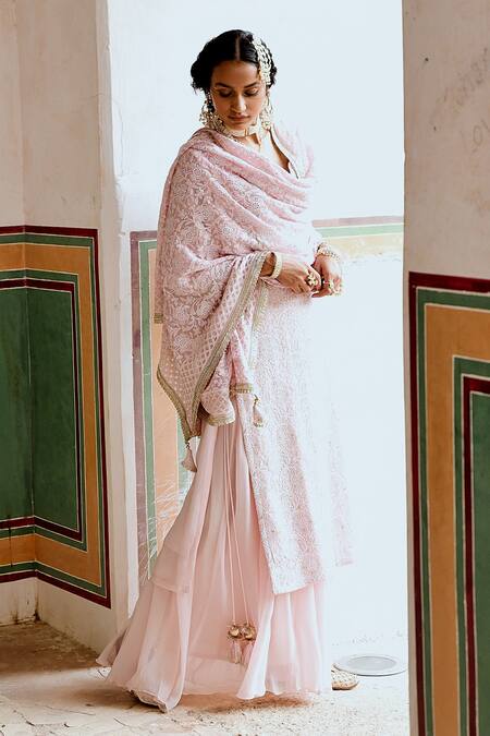 Shop Karaj Jaipur Pink Georgette Embroidery Keyhole Neck Kurta Skirt Set Online at Aza Fashions Shop_Karaj Jaipur_Pink Georgette Embroidery Keyhole Neck Kurta Skirt Set _Online_at_Aza_Fashions