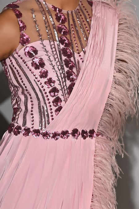 Jyoti Sachdev Iyer_Pink Crepe, Silk Sequins, Feathers Draped Saree With And _Online_at_Aza_Fashions