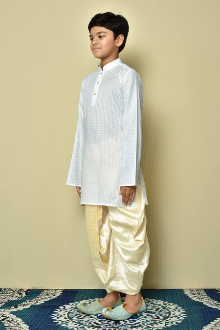 Petite Pomme_White Cotton, Silk Patterned Kurta And Dhoti Set _at_Aza_Fashions