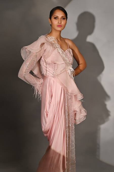 Jyoti Sachdev Iyer_Pink Organza, Cotton Sequins, Feathers Embroidered Draped Saree _Online_at_Aza_Fashions