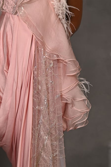 Shop_Jyoti Sachdev Iyer_Pink Organza, Cotton Sequins, Feathers Embroidered Draped Saree _Online_at_Aza_Fashions