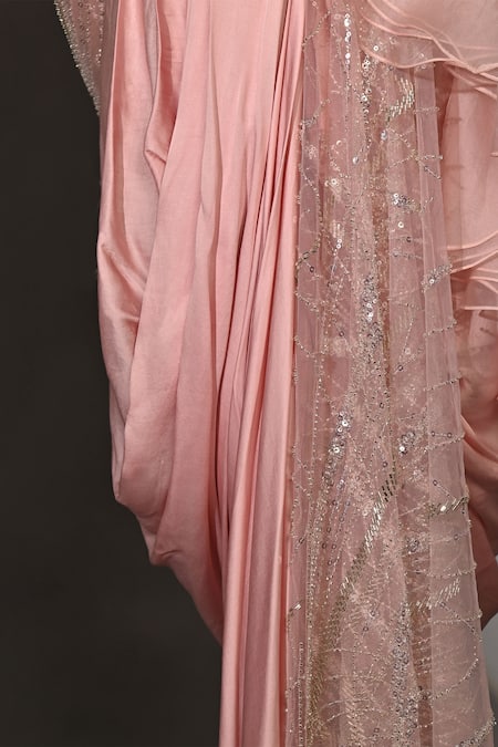 Jyoti Sachdev Iyer_Pink Organza, Cotton Sequins, Feathers Embroidered Draped Saree _at_Aza_Fashions