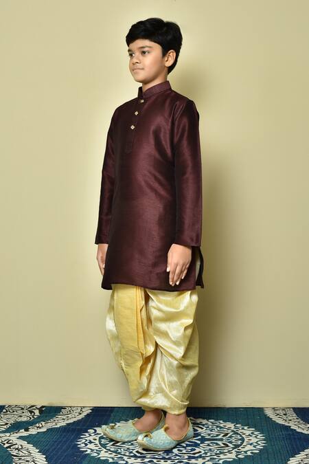 Shop_Petite Pomme_Wine Silk Patterned Kurta And Dhoti Set _Online_at_Aza_Fashions