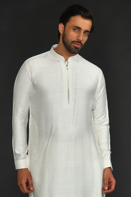 Sammohan Ceremonial White Silk Cotton Woven Herringbone Pattern Band Collar Kurta Set Online at Aza Fashions Sammohan Ceremonial_White Silk Cotton Woven Herringbone Pattern Band Collar Kurta Set _Online_at_Aza_Fashions