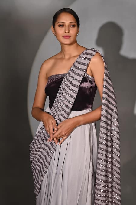 Jyoti Sachdev Iyer_Purple Velvet, Cotton Sequins Round Neck Lavender Double Draped Saree Gown _Online_at_Aza_Fashions
