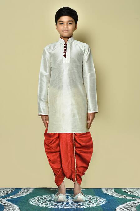 Buy Petite Pomme Cream Silk Plain Kurta And Red Dhoti Pant Set Online at Aza Fashions Buy_Petite Pomme_Cream Silk Plain Kurta And Red Dhoti Pant Set _Online_at_Aza_Fashions