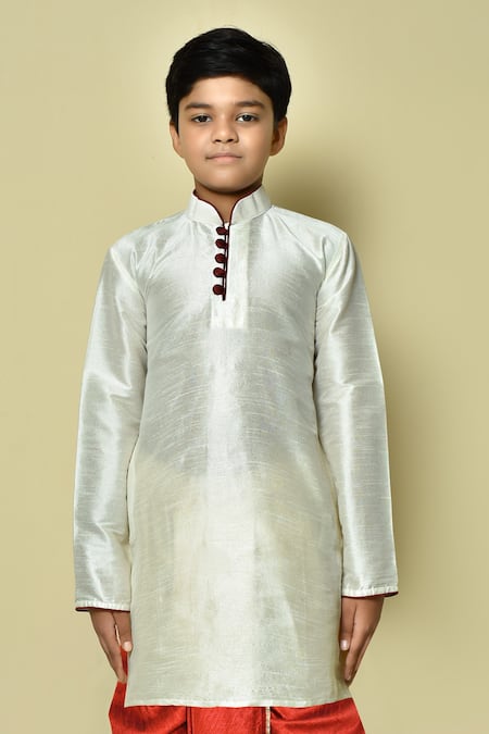 Petite Pomme Cream Silk Plain Kurta And Red Dhoti Pant Set at Aza Fashions Petite Pomme_Cream Silk Plain Kurta And Red Dhoti Pant Set _at_Aza_Fashions