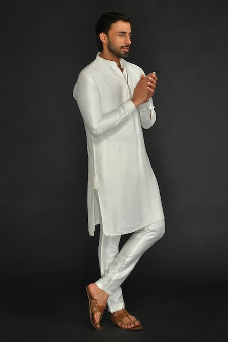 Shop Sammohan Ceremonial White Silk Cotton Woven Herringbone Pattern Band Collar Kurta Set Online at Aza Fashions Shop_Sammohan Ceremonial_White Silk Cotton Woven Herringbone Pattern Band Collar Kurta Set _Online_at_Aza_Fashions