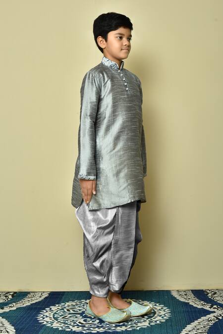 Shop Petite Pomme Grey Silk Embroidery Woven Kurta With Dhoti Pant Online at Aza Fashions Shop_Petite Pomme_Grey Silk Embroidery Woven Kurta With Dhoti Pant _Online_at_Aza_Fashions