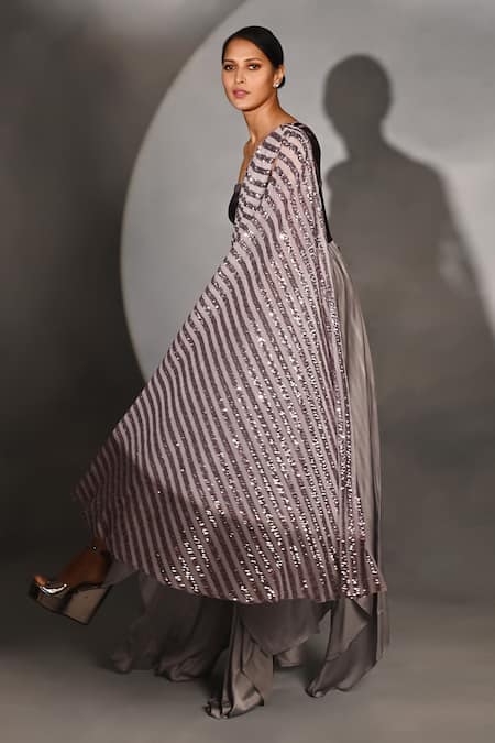 Buy_Jyoti Sachdev Iyer_Purple Velvet, Cotton Sequins Round Neck Lavender Double Draped Saree Gown _Online_at_Aza_Fashions