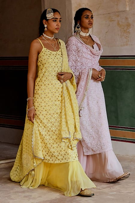 Karaj Jaipur Yellow Georgette Sequins, Embroidery, Tassels Round Chikankari Kurta Skirt Set at Aza Fashions Karaj Jaipur_Yellow Georgette Sequins, Embroidery, Tassels Round Chikankari Kurta Skirt Set _at_Aza_Fashions