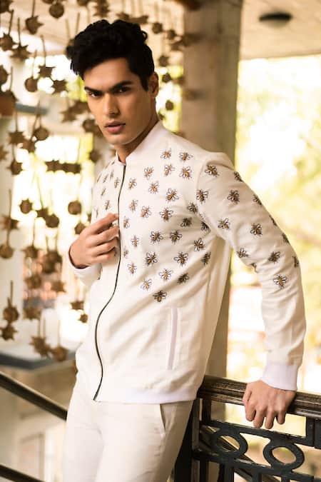Shop_Vaani Beswal_Off White Handloom Cotton Embroidery Adeel Bomber Jacket _Online_at_Aza_Fashions