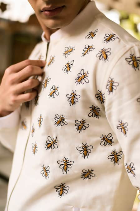 Vaani Beswal_Off White Handloom Cotton Embroidery Adeel Bomber Jacket _at_Aza_Fashions