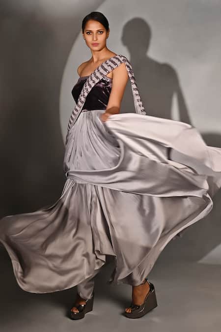 Shop_Jyoti Sachdev Iyer_Purple Velvet, Cotton Sequins Round Neck Lavender Double Draped Saree Gown _Online_at_Aza_Fashions