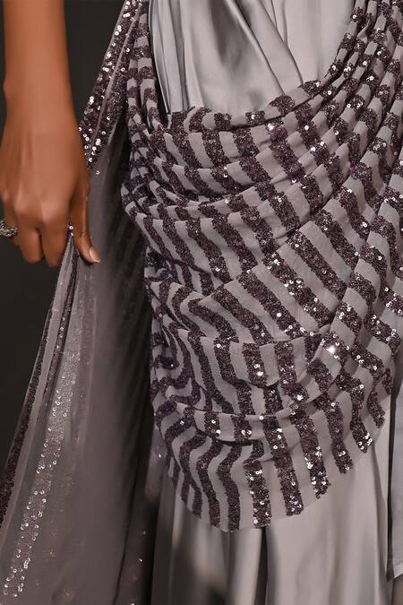 Jyoti Sachdev Iyer_Purple Velvet, Cotton Sequins Round Neck Lavender Double Draped Saree Gown _at_Aza_Fashions