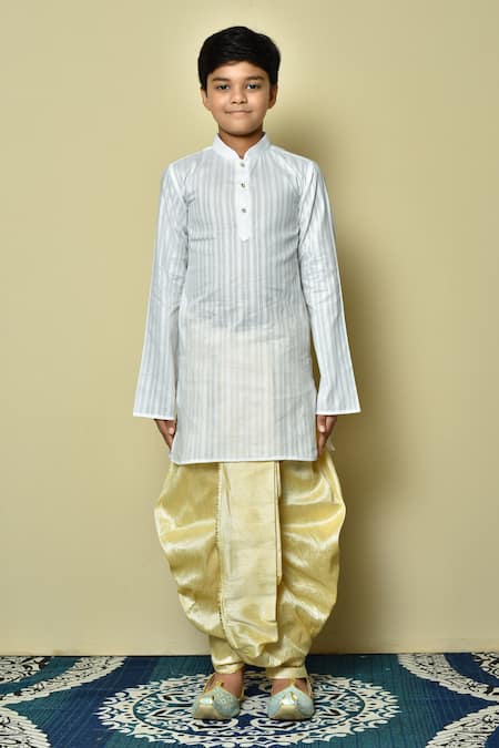 Shop_Petite Pomme_White Cotton, Silk Patterned Kurta And Dhoti Set _Online_at_Aza_Fashions