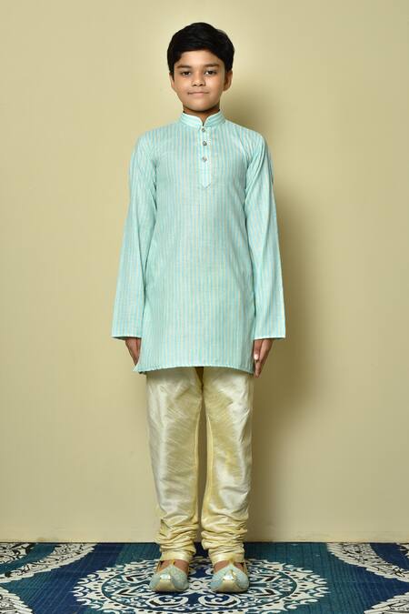 Shop_Petite Pomme_Green Cotton Stripe Pattern Kurta Set _Online_at_Aza_Fashions