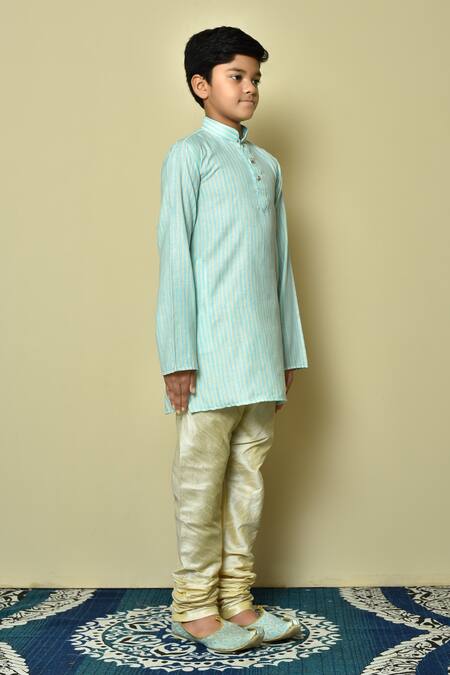 Petite Pomme_Green Cotton Stripe Pattern Kurta Set _at_Aza_Fashions