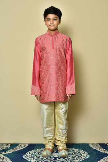Shop_Petite Pomme_Pink Silk, Denim Embroidery Paisley Pattern Kurta Set _Online_at_Aza_Fashions