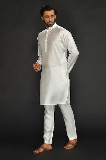 Sammohan Ceremonial White Silk Cotton Woven Herringbone Pattern Band Collar Kurta Set at Aza Fashions Sammohan Ceremonial_White Silk Cotton Woven Herringbone Pattern Band Collar Kurta Set _at_Aza_Fashions