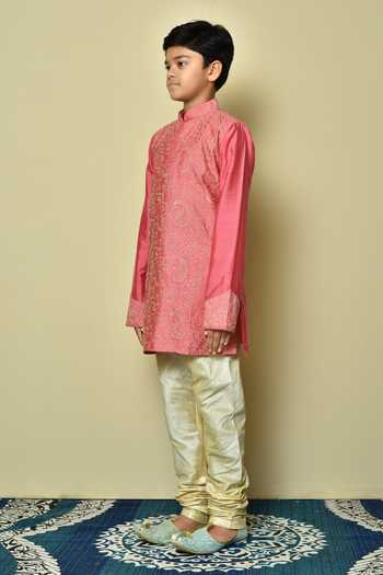 Petite Pomme_Pink Silk, Denim Embroidery Paisley Pattern Kurta Set _at_Aza_Fashions