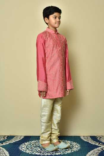 Buy_Petite Pomme_Pink Silk, Denim Embroidery Paisley Pattern Kurta Set 