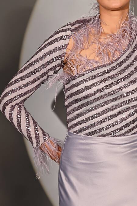 Buy_Jyoti Sachdev Iyer_Purple Satin Sequins, Feathers Asymmetric Embroidered Gown _Online_at_Aza_Fashions