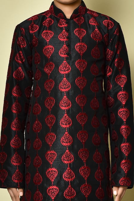 Petite Pomme_Black Silk Embroidery Thread Work Kurta _at_Aza_Fashions