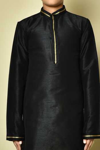 Petite Pomme_Black Silk Embroidery Placket And Collar Kurta _Online_at_Aza_Fashions