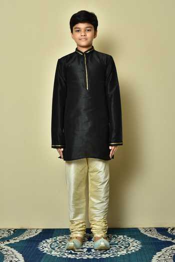 Buy Petite Pomme Black Silk Embroidery Placket And Collar Kurta Online at Aza Fashions Buy_Petite Pomme_Black Silk Embroidery Placket And Collar Kurta _Online_at_Aza_Fashions