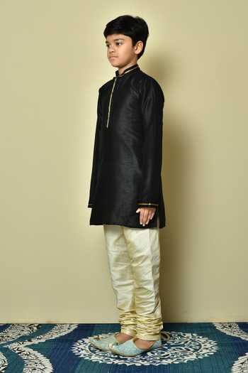 Shop Petite Pomme Black Silk Embroidery Placket And Collar Kurta Online at Aza Fashions Shop_Petite Pomme_Black Silk Embroidery Placket And Collar Kurta _Online_at_Aza_Fashions