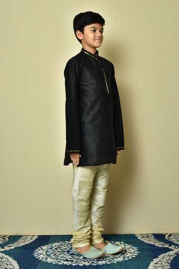 Petite Pomme Black Silk Embroidery Placket And Collar Kurta at Aza Fashions Petite Pomme_Black Silk Embroidery Placket And Collar Kurta _at_Aza_Fashions