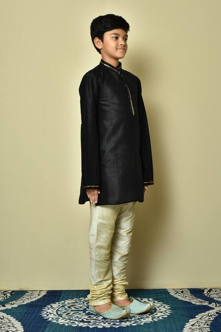 Petite Pomme_Black Denim Embroidery Placket Kurta And Churidar Set _at_Aza_Fashions