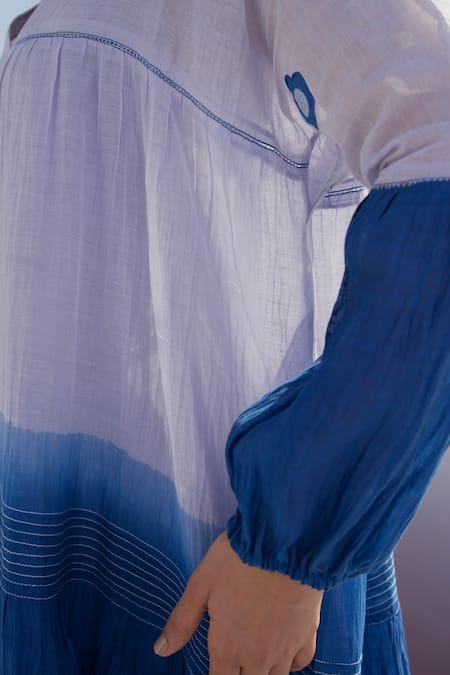 The Loom Art_Blue Chanderi Silk Embroidery V-neck Ombre Flowers Dress _Online_at_Aza_Fashions