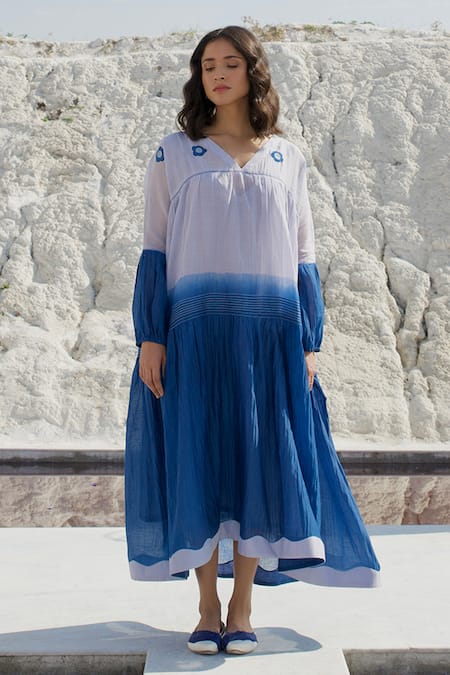 Buy_The Loom Art_Blue Chanderi Silk Embroidery V-neck Ombre Flowers Dress _Online_at_Aza_Fashions