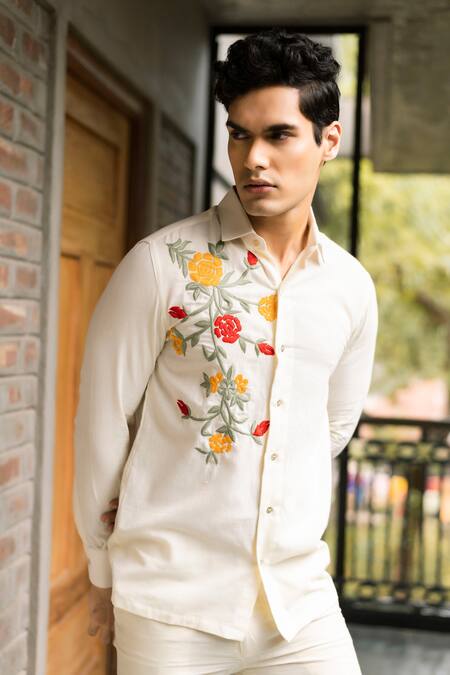 Vaani Beswal Off White Handloom Cotton Embroidery Handwoven Shirt at Aza Fashions Vaani Beswal_Off White Handloom Cotton Embroidery Handwoven Shirt _at_Aza_Fashions
