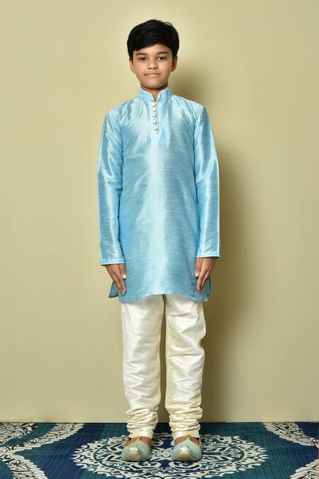 Petite Pomme Blue Silk Straight Mandarin Collar Kurta Online at Aza Fashions Petite Pomme_Blue Silk Straight Mandarin Collar Kurta _Online_at_Aza_Fashions