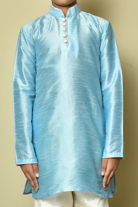 Petite Pomme Blue Silk Straight Mandarin Collar Kurta at Aza Fashions Petite Pomme_Blue Silk Straight Mandarin Collar Kurta _at_Aza_Fashions