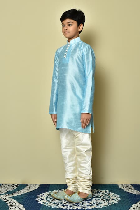 Buy Petite Pomme Blue Silk Straight Mandarin Collar Kurta Online at Aza Fashions Buy_Petite Pomme_Blue Silk Straight Mandarin Collar Kurta _Online_at_Aza_Fashions