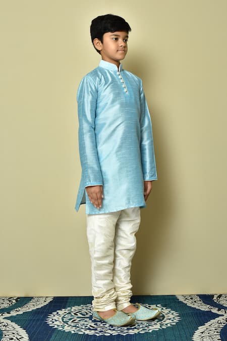 Shop Petite Pomme Blue Silk Straight Mandarin Collar Kurta Online at Aza Fashions Shop_Petite Pomme_Blue Silk Straight Mandarin Collar Kurta _Online_at_Aza_Fashions