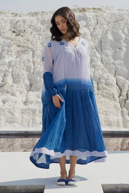 Shop_The Loom Art_Blue Chanderi Silk Embroidery V-neck Ombre Flowers Dress _Online_at_Aza_Fashions