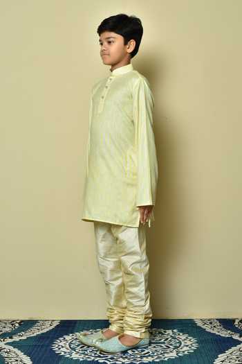 Shop_Petite Pomme_Yellow Cotton Striped Pattern Kurta _Online_at_Aza_Fashions